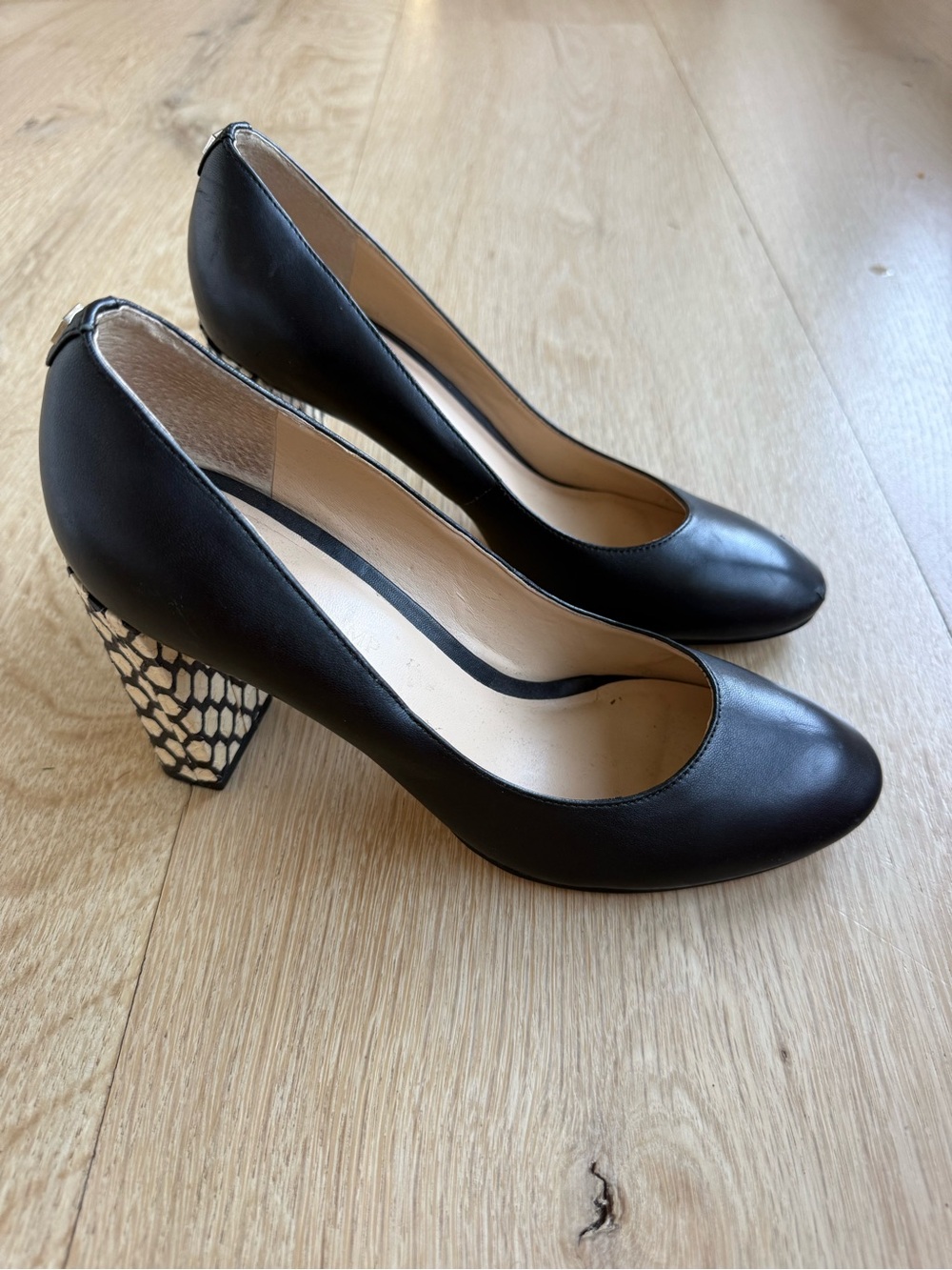 Ivanka Trump Black Leather Pumps with Patterned Block Heel